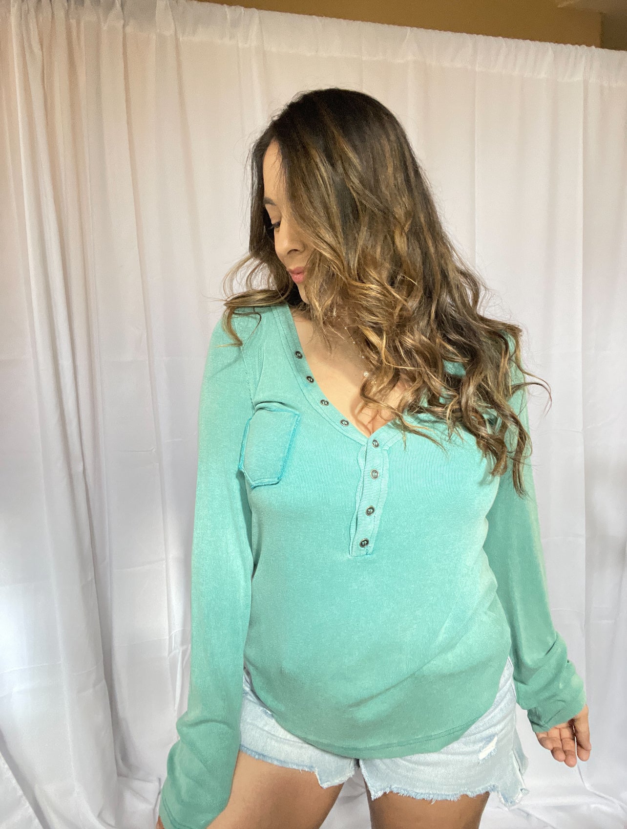 Teal Button Top
