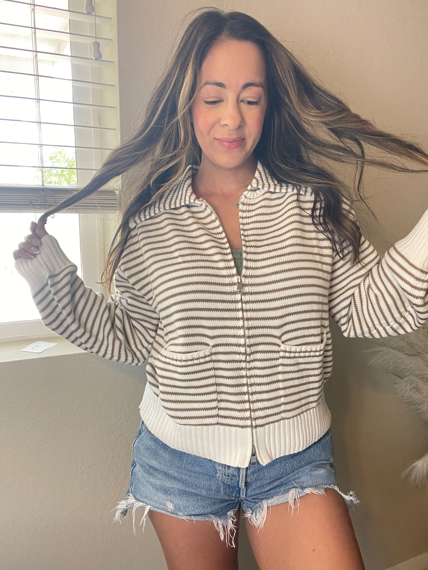 Striped Cotton Blend Zip Up Sweater