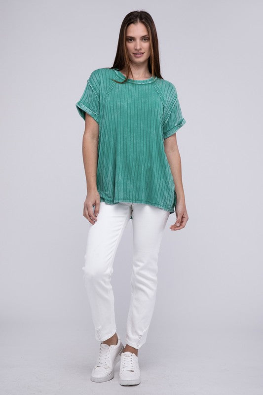 Ribbed Raglan Dolman Sleeve Boat-Neck Top