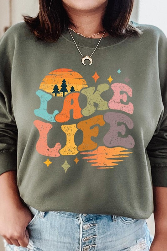 Retro Lake Life Graphic Fleece Sweatshirts