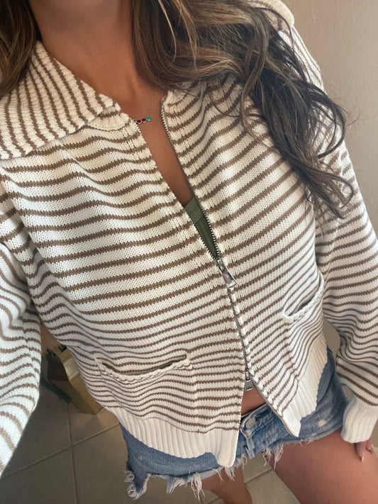 Striped Cotton Blend Zip Up Sweater