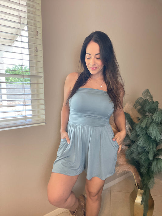 Blue Grey Strapless Romper