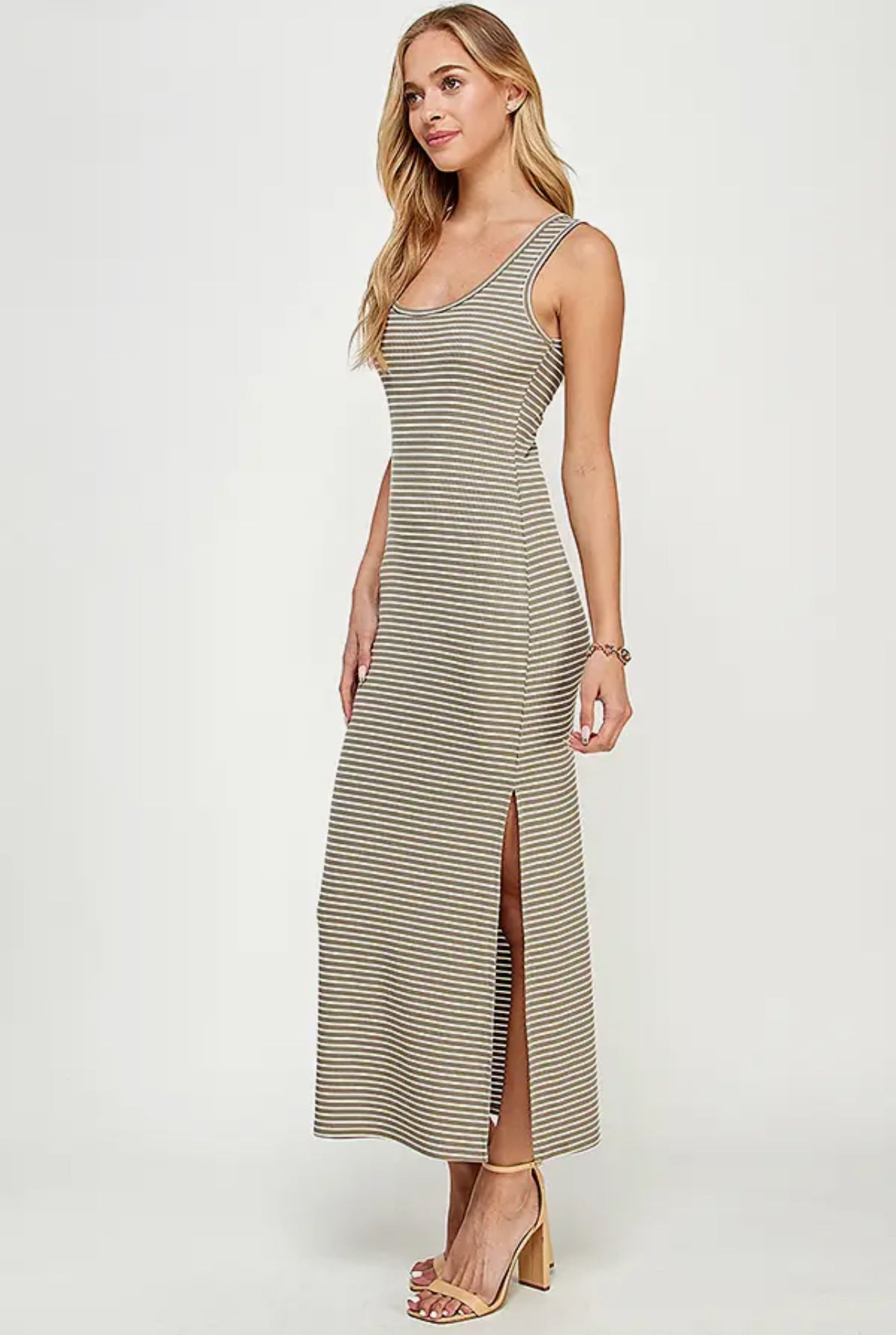 Ribbed Striped Dress with Slit