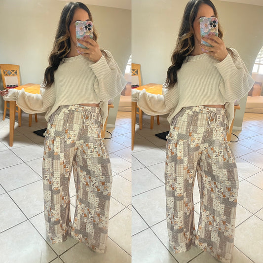 Patchwork print wide leg pants